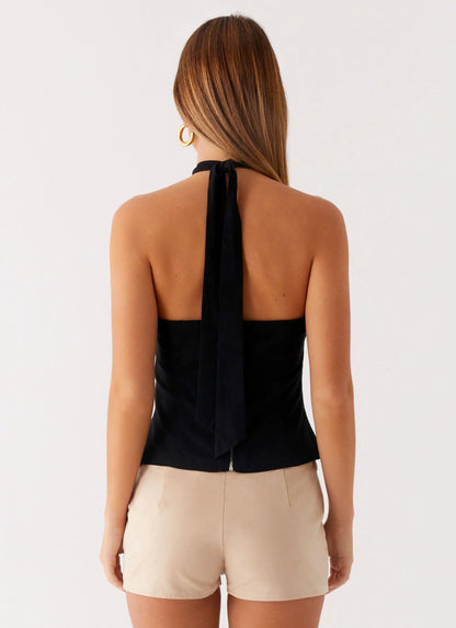 Catch Me Later Linen Halter Top - Black