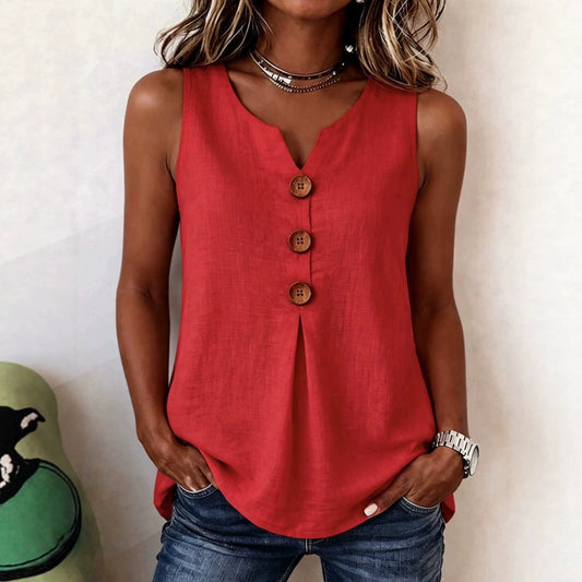 Women's Summer V-Neck Sleeveless Cotton-Linen Button-Down Top