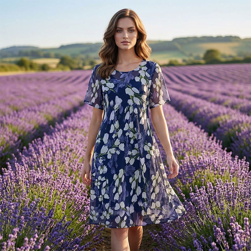 ✨ Women's A-Line Floral Dress — Double-Layer Chiffon, Elegant Print, Knee-Length Cut 👗