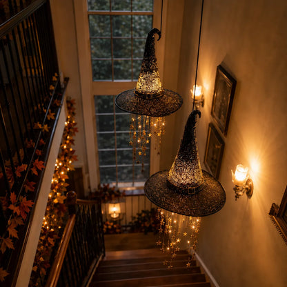 🧙‍♀️✨ Lighted Witch Hat Hanging Decor with Cascading Stars