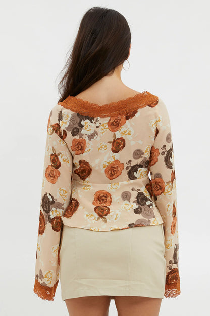 Moxie Tie Front Lace Trim Top Brown