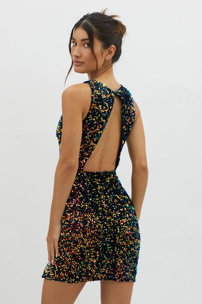 Bedazzle Keyhole Back Sequin Mini Dress Navy