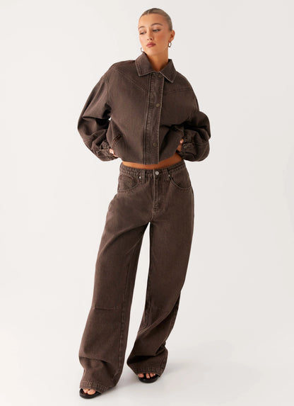 Midwest Washed Denim Bomber Jacket - Light Wash Chocolate