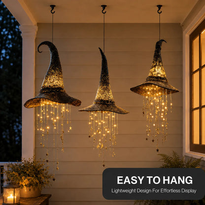 🧙‍♀️✨ Lighted Witch Hat Hanging Decor with Cascading Stars