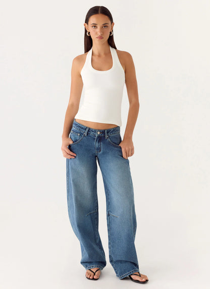 Stevie Low Rise Barrel Leg Denim Jeans - Mid Wash Blue