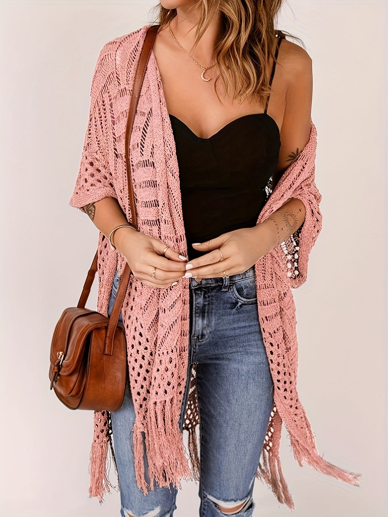 Women's Open-Front Knit Cover-Up with Tassel Fringe – Bohemian & Lightweight – Beach Essential