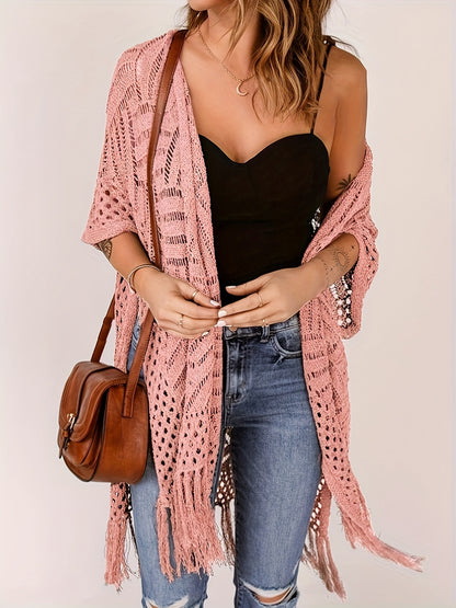 Women's Open-Front Knit Cover-Up with Tassel Fringe – Bohemian & Lightweight – Beach Essential