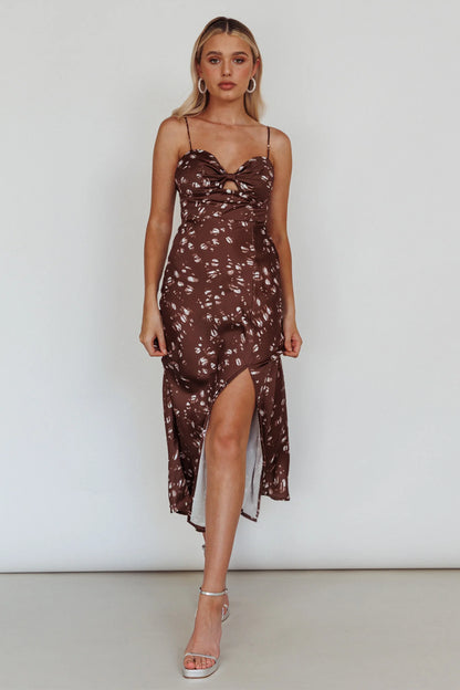 Missoula Cami Strap Padded Bust Midi Dress Printed Brown