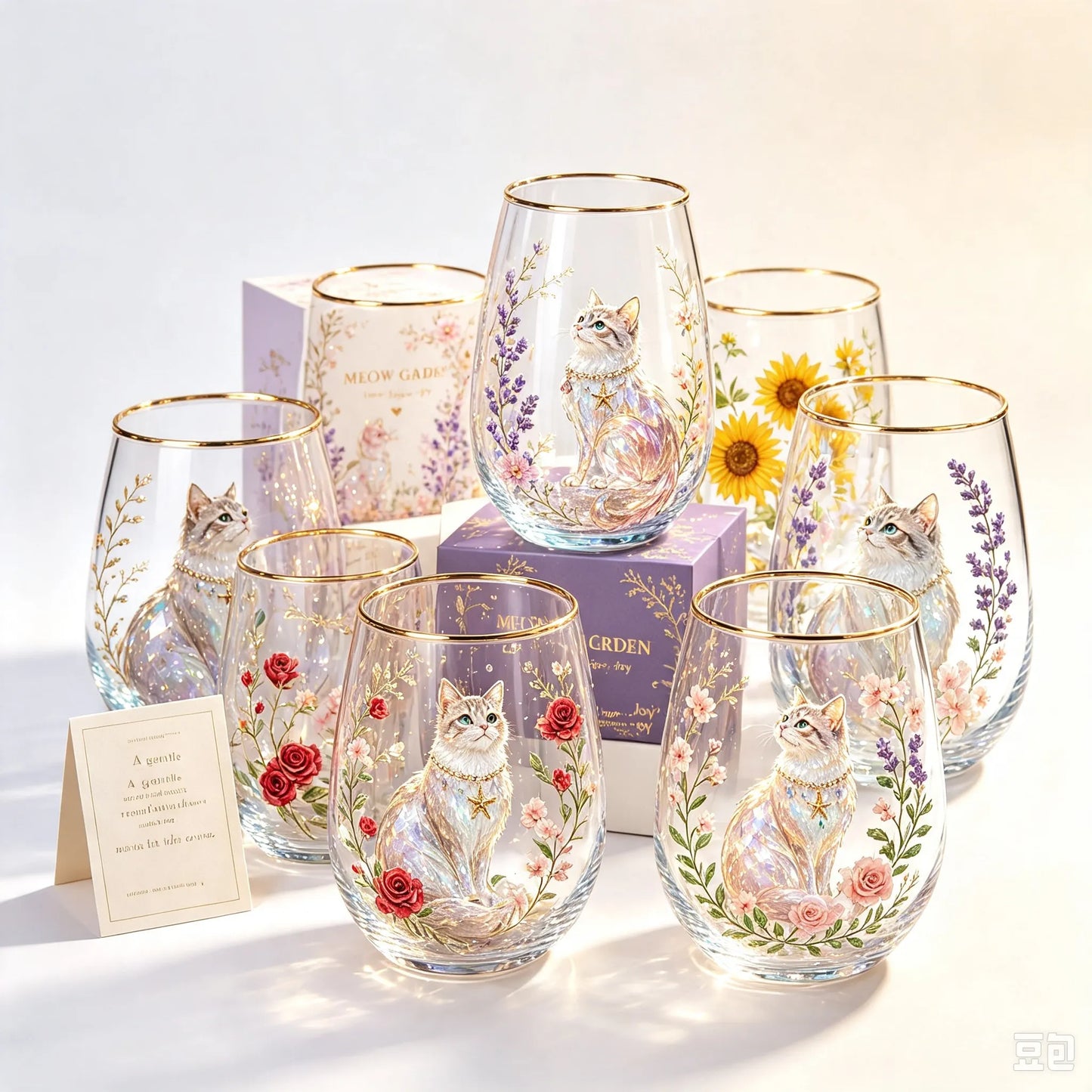 🐱MEOW GARDEN Crystal Texture Glass Cat Tumbler✨