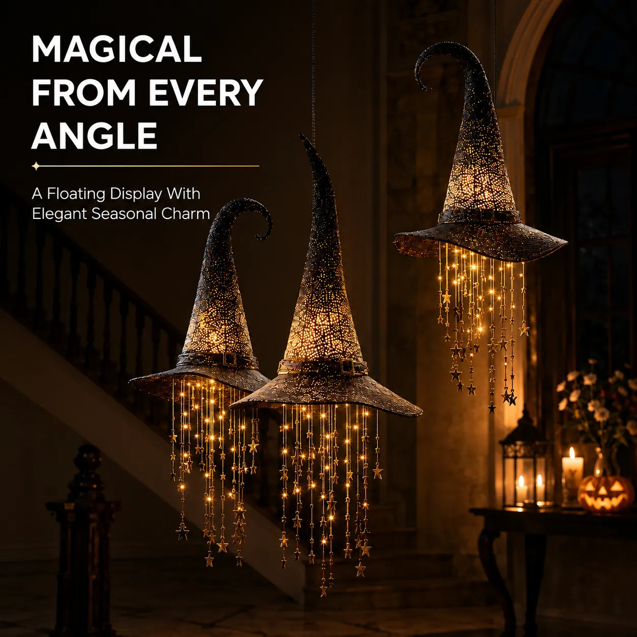 🧙‍♀️✨ Lighted Witch Hat Hanging Decor with Cascading Stars
