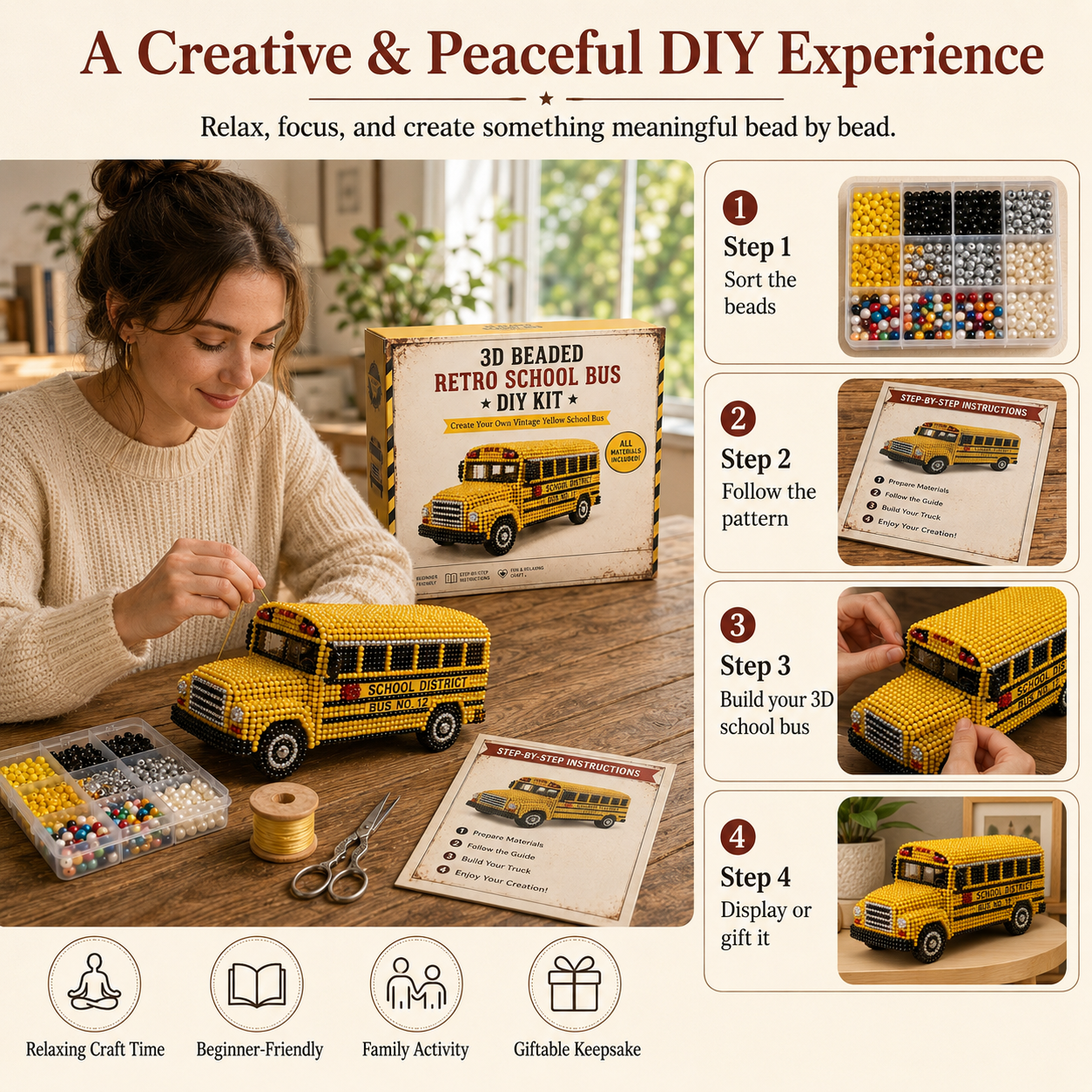 Vintage School Bus 3D Beaded DIY Collector Kit