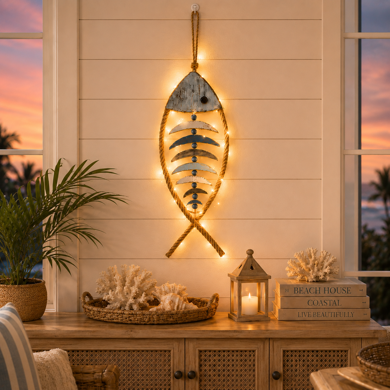🐟✨Lighted Coastal Rope Fish Wall Hanging