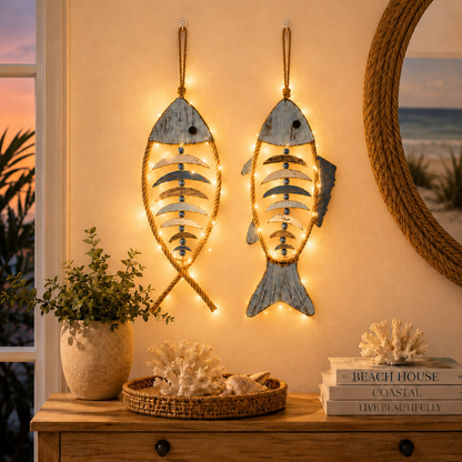 🐟✨Lighted Coastal Rope Fish Wall Hanging