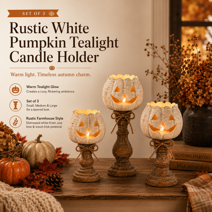 🕯 Set of 3 Rustic White Pumpkin Tealight Candle Holders | Layered Farmhouse Fall Decor For Halloween & Thanksgiving