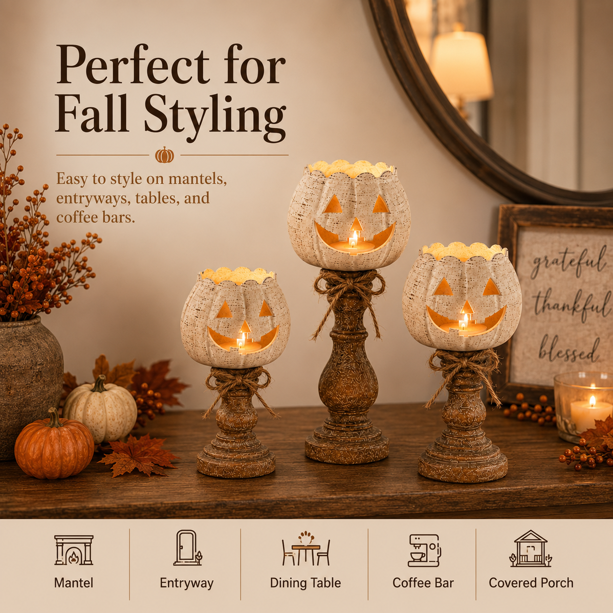 🕯 Set of 3 Rustic White Pumpkin Tealight Candle Holders | Layered Farmhouse Fall Decor For Halloween & Thanksgiving