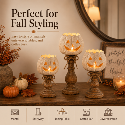 🕯 Set of 3 Rustic White Pumpkin Tealight Candle Holders | Layered Farmhouse Fall Decor For Halloween & Thanksgiving