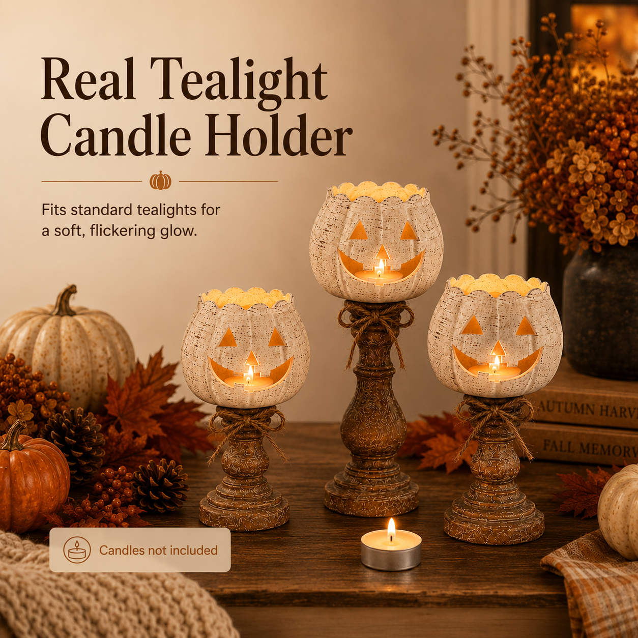 🕯 Set of 3 Rustic White Pumpkin Tealight Candle Holders | Layered Farmhouse Fall Decor For Halloween & Thanksgiving