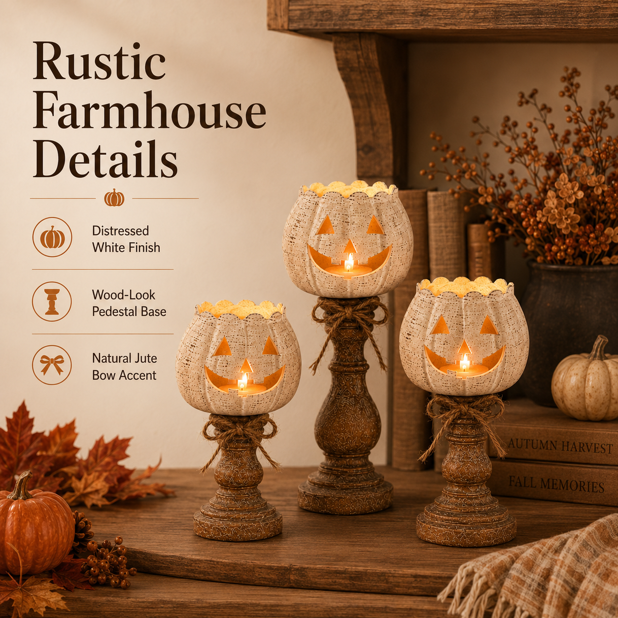 🕯 Set of 3 Rustic White Pumpkin Tealight Candle Holders | Layered Farmhouse Fall Decor For Halloween & Thanksgiving