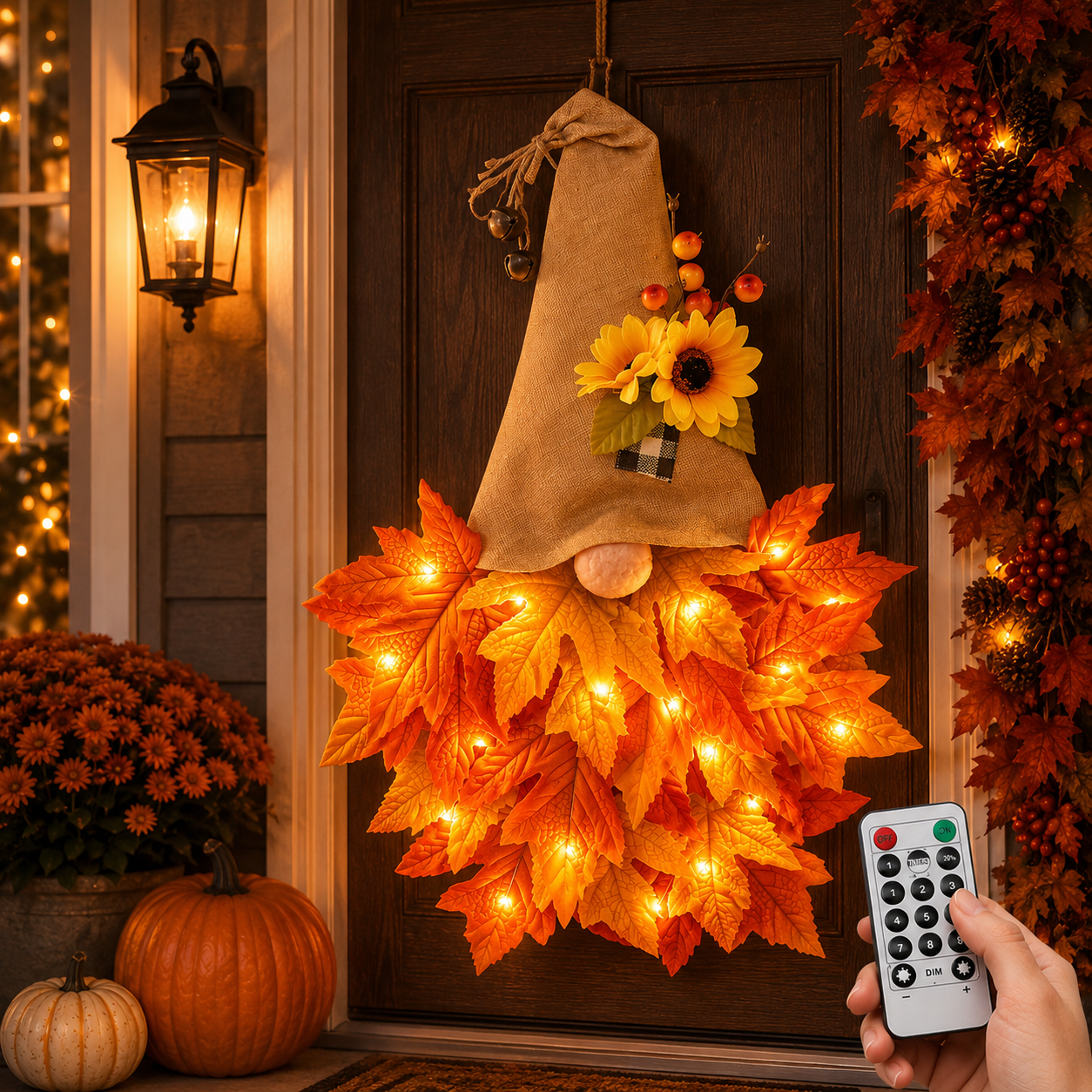 🍂🧙‍♂️Autumn dwarf hat wreath decoration with lights