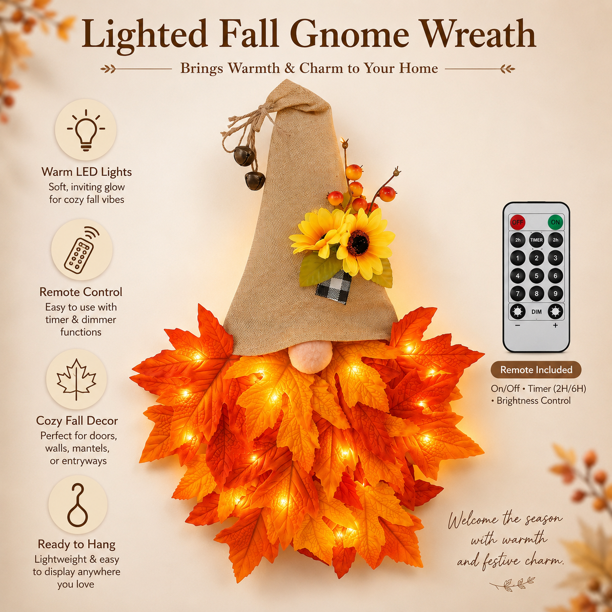 🍂🧙‍♂️Autumn dwarf hat wreath decoration with lights