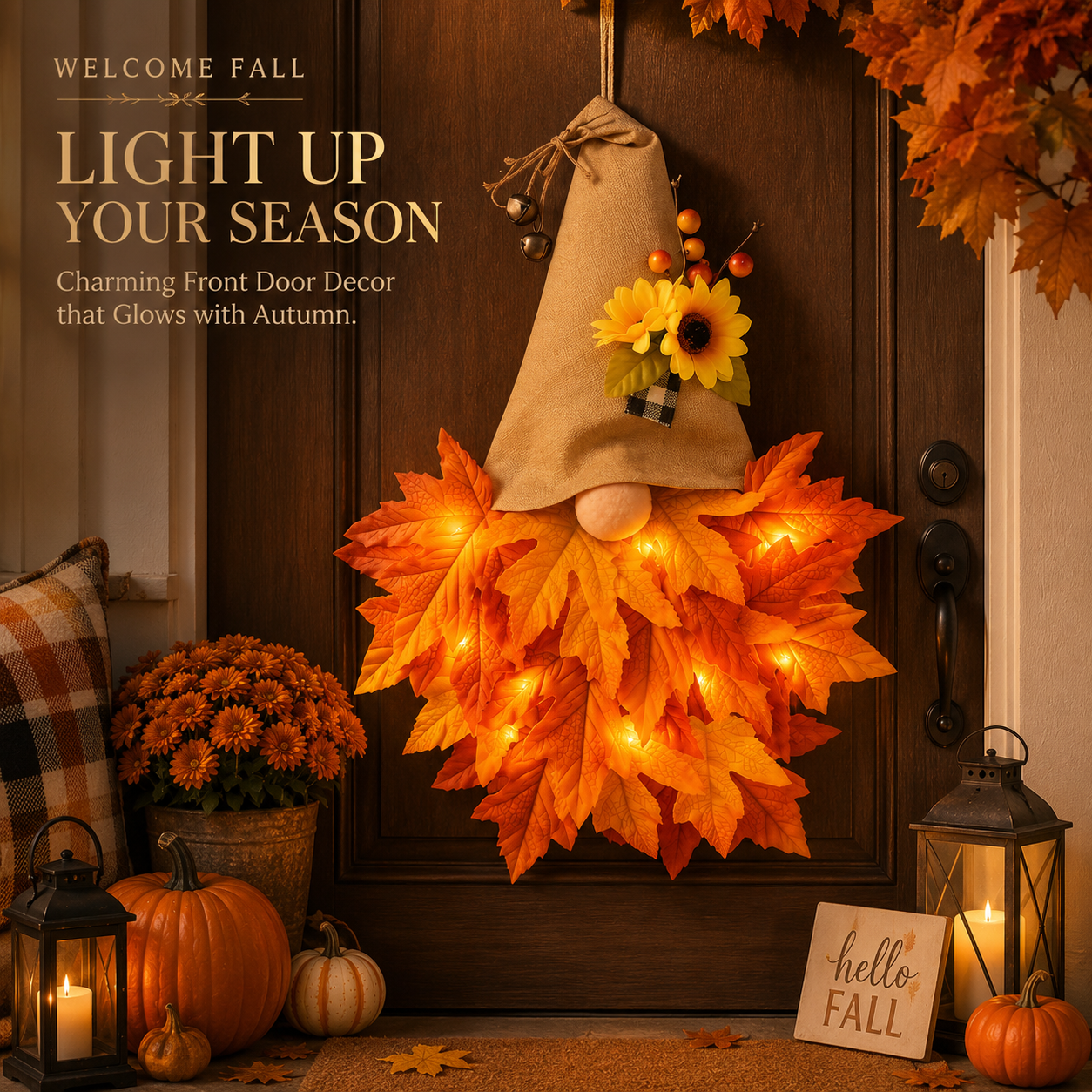 🍂🧙‍♂️Autumn dwarf hat wreath decoration with lights