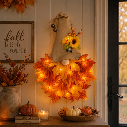 🍂🧙‍♂️Autumn dwarf hat wreath decoration with lights