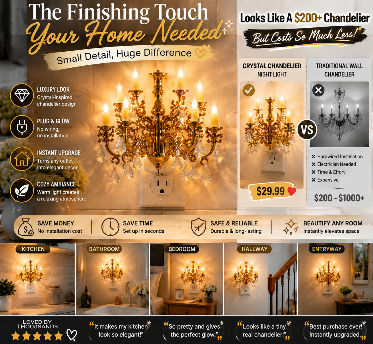 🔥50% off on the last day| 💎 Crystal Chandelier Plug-In Night Light – Instant Luxury Home Decor Outlet Lamp for Kitchen & Bedroom
