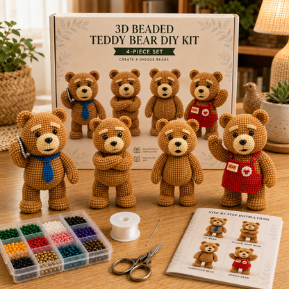 3D Beaded Teddy Bear DIY Kit – 4-Piece Handmade Craft Set