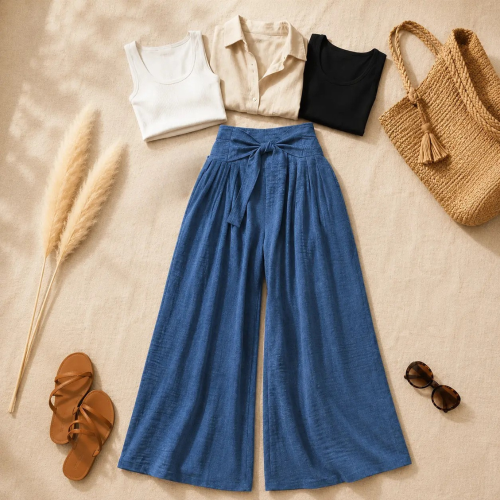 High Waisted Tie Front Wide Leg Pants for Women