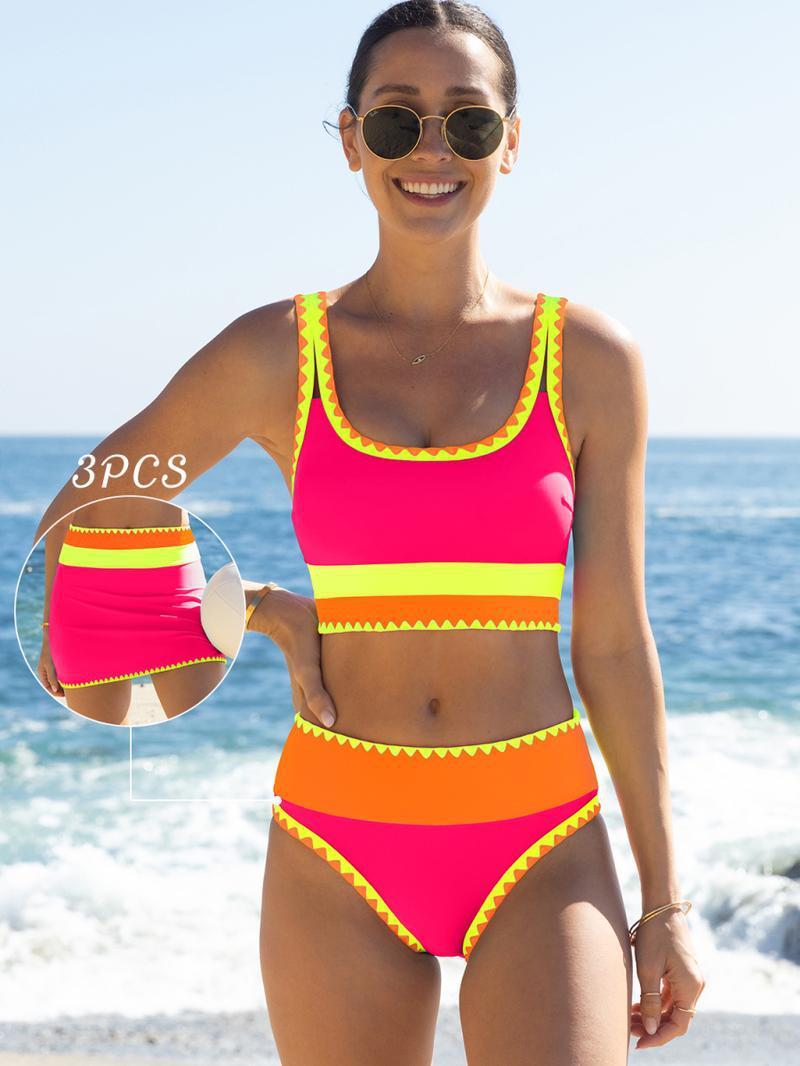 🎁New Arrival 50% OFF💥Color Block Patchwork Nylon Sporty 3-Piece Bikini Set - High Waisted & Tummy Control Swimsuit👙🌈