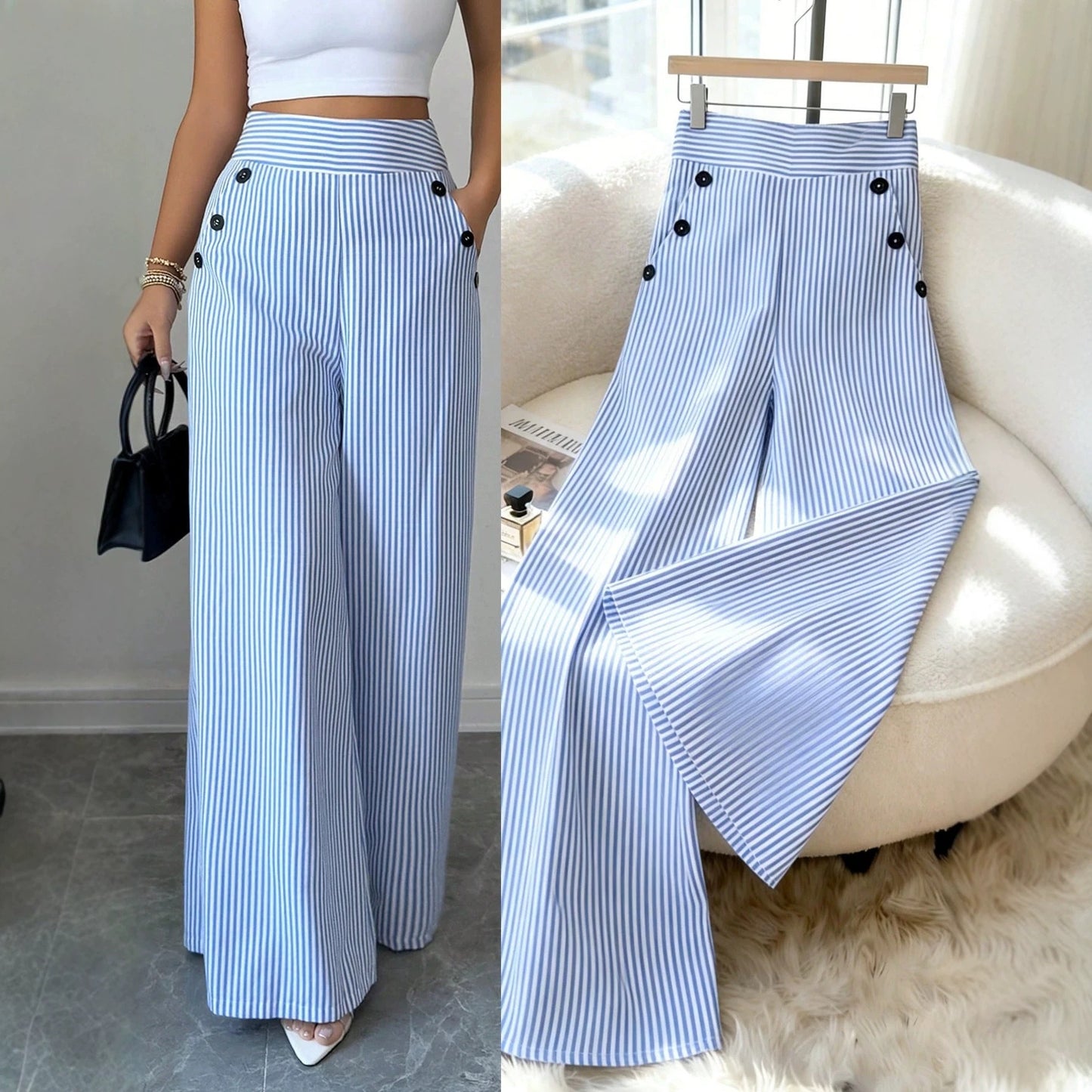 👖High-Waist Striped Wide-Leg Trousers
