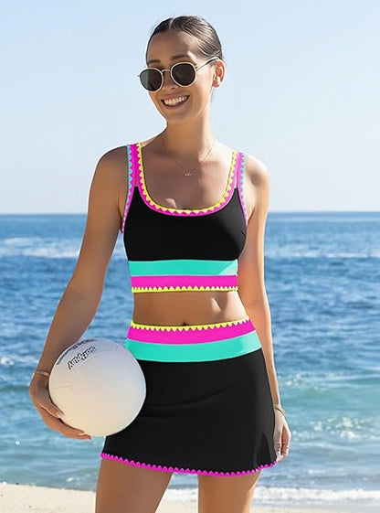 🎁New Arrival 50% OFF💥Color Block Patchwork Nylon Sporty 3-Piece Bikini Set - High Waisted & Tummy Control Swimsuit👙🌈