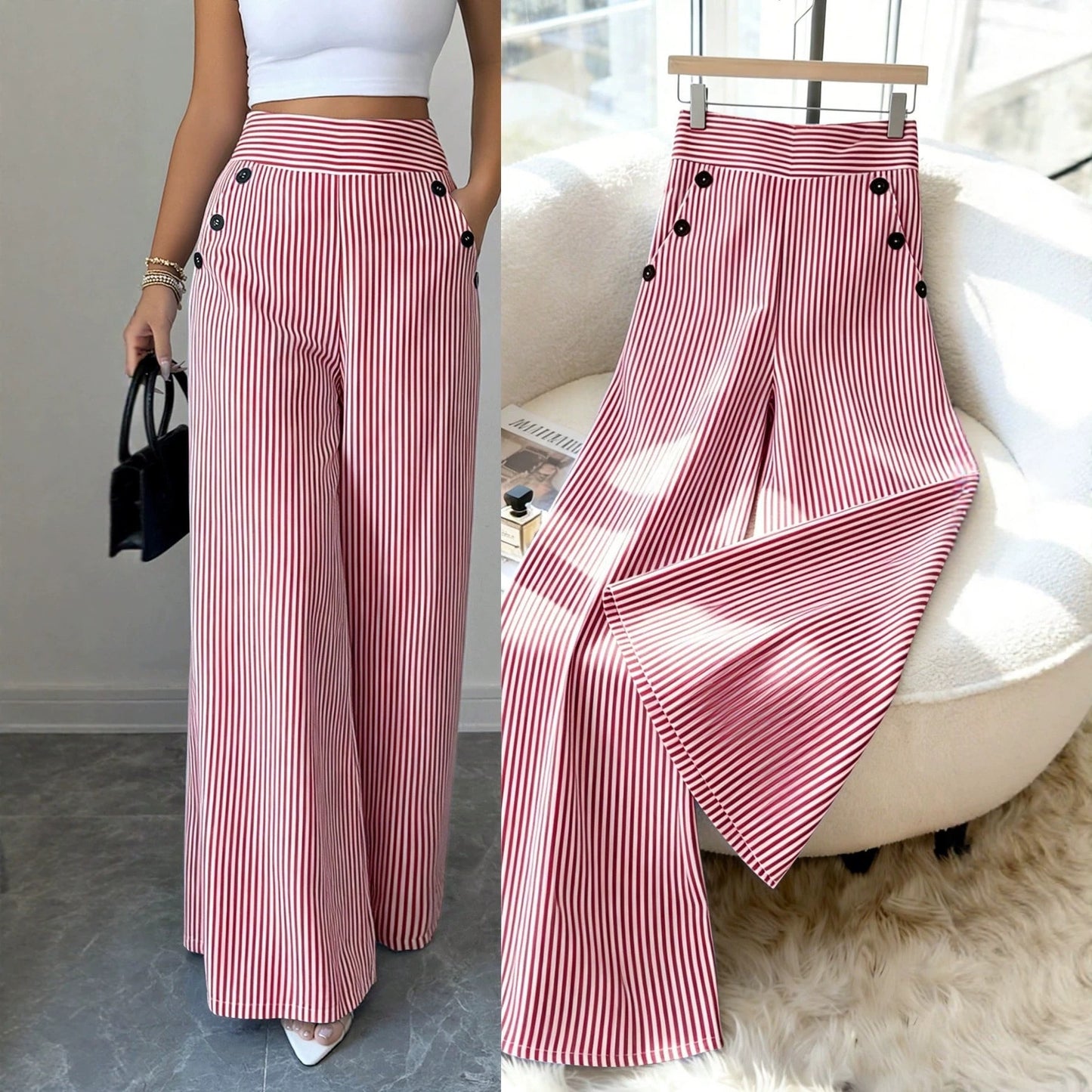 👖High-Waist Striped Wide-Leg Trousers