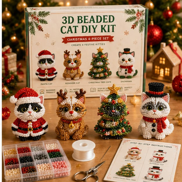 Premium 3D Beaded Christmas Cats DIY Kit | Luxury Flocked Canvas with Scratch-Resistant Non-Fading Pearl Beads DIY Holiday Decor & Step-by-Step Guide