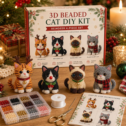 Premium 3D Beaded Christmas Cats DIY Kit | Luxury Flocked Canvas with Scratch-Resistant Non-Fading Pearl Beads DIY Holiday Decor & Step-by-Step Guide