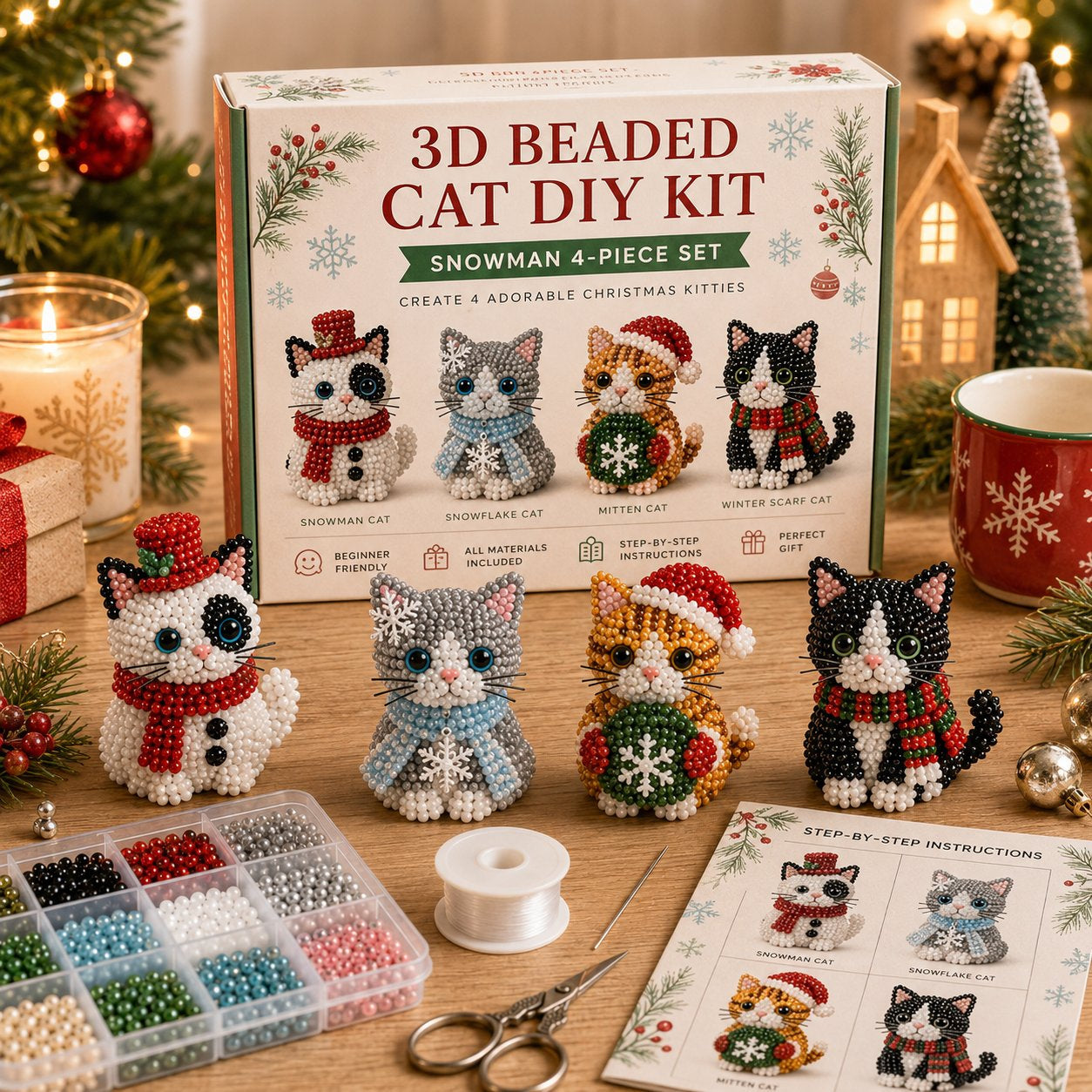 Premium 3D Beaded Christmas Cats DIY Kit | Luxury Flocked Canvas with Scratch-Resistant Non-Fading Pearl Beads DIY Holiday Decor & Step-by-Step Guide