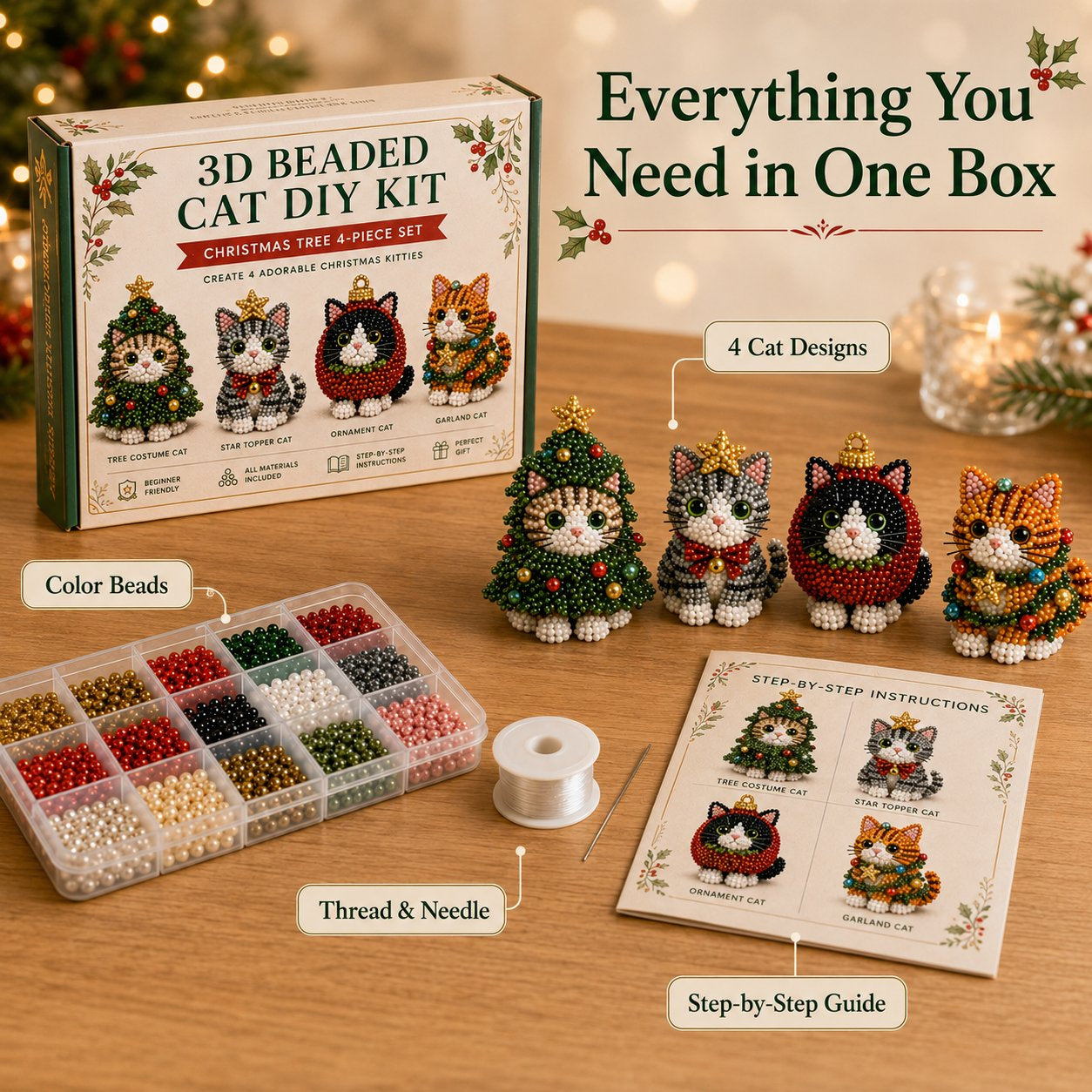 Premium 3D Beaded Christmas Cats DIY Kit | Luxury Flocked Canvas with Scratch-Resistant Non-Fading Pearl Beads DIY Holiday Decor & Step-by-Step Guide