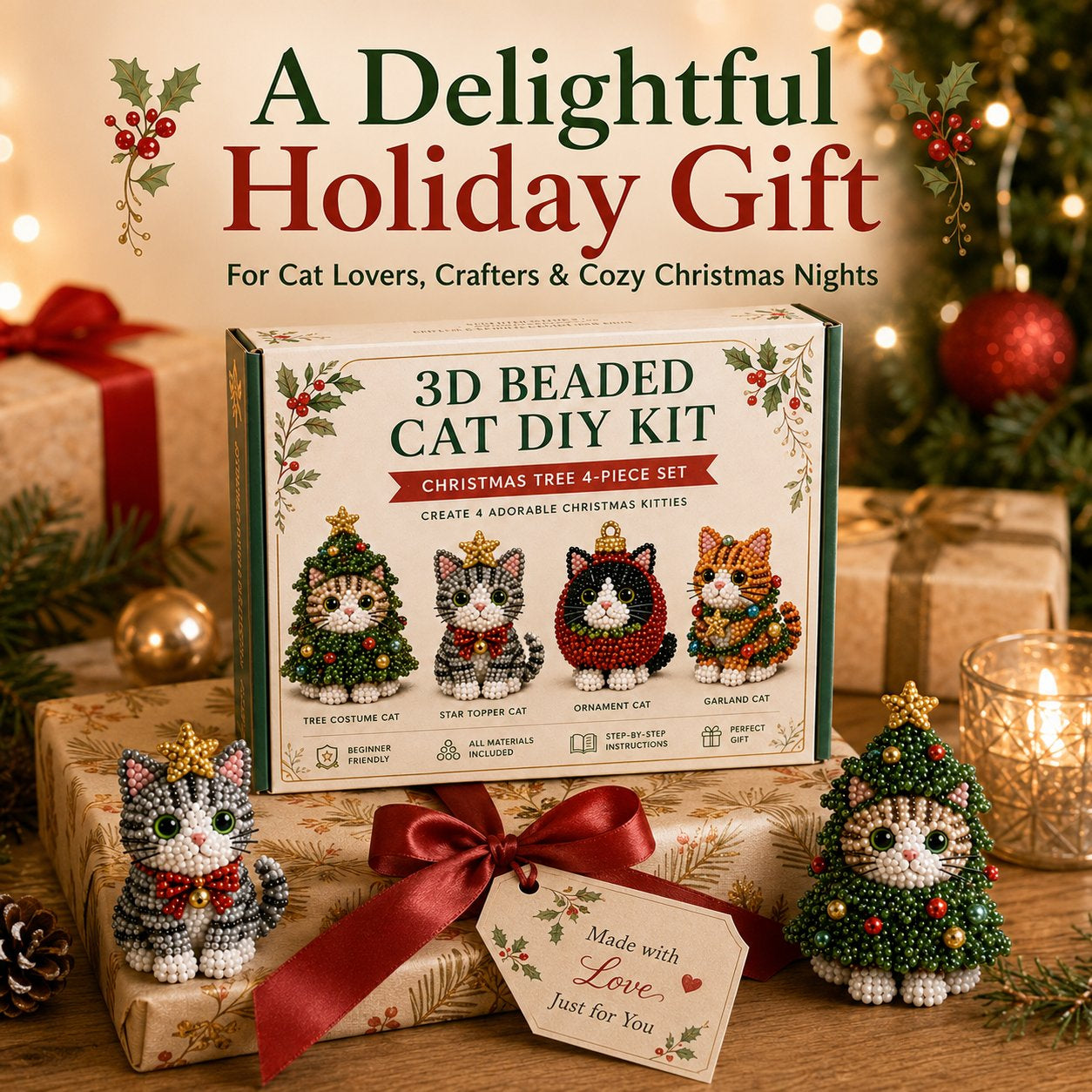 Premium 3D Beaded Christmas Cats DIY Kit | Luxury Flocked Canvas with Scratch-Resistant Non-Fading Pearl Beads DIY Holiday Decor & Step-by-Step Guide