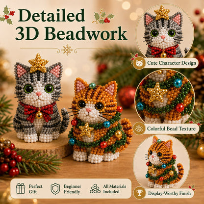 Premium 3D Beaded Christmas Cats DIY Kit | Luxury Flocked Canvas with Scratch-Resistant Non-Fading Pearl Beads DIY Holiday Decor & Step-by-Step Guide