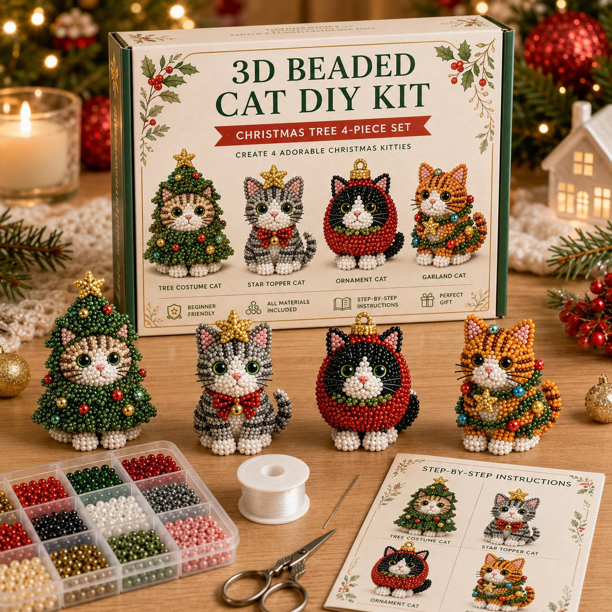 Premium 3D Beaded Christmas Cats DIY Kit | Luxury Flocked Canvas with Scratch-Resistant Non-Fading Pearl Beads DIY Holiday Decor & Step-by-Step Guide