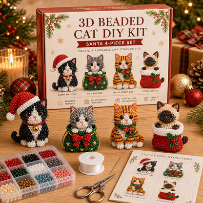 Premium 3D Beaded Christmas Cats DIY Kit | Luxury Flocked Canvas with Scratch-Resistant Non-Fading Pearl Beads DIY Holiday Decor & Step-by-Step Guide