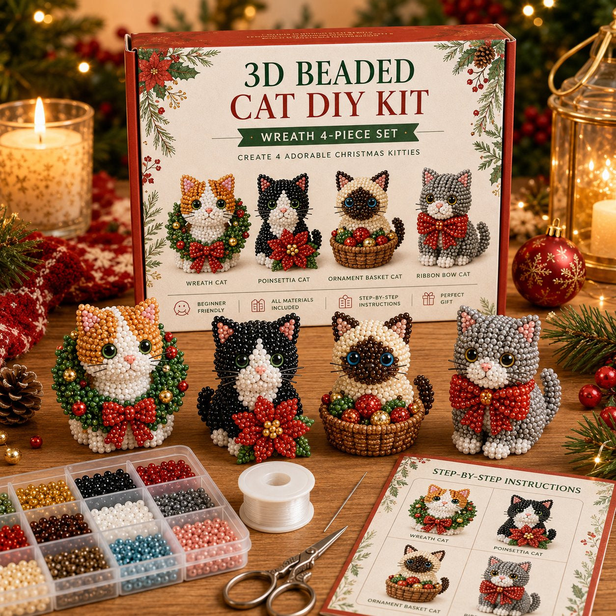 Premium 3D Beaded Christmas Cats DIY Kit | Luxury Flocked Canvas with Scratch-Resistant Non-Fading Pearl Beads DIY Holiday Decor & Step-by-Step Guide