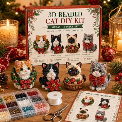 Premium 3D Beaded Christmas Cats DIY Kit | Luxury Flocked Canvas with Scratch-Resistant Non-Fading Pearl Beads DIY Holiday Decor & Step-by-Step Guide