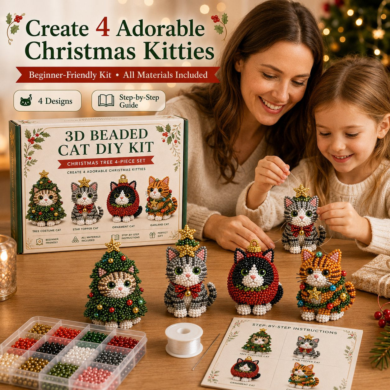 Premium 3D Beaded Christmas Cats DIY Kit | Luxury Flocked Canvas with Scratch-Resistant Non-Fading Pearl Beads DIY Holiday Decor & Step-by-Step Guide