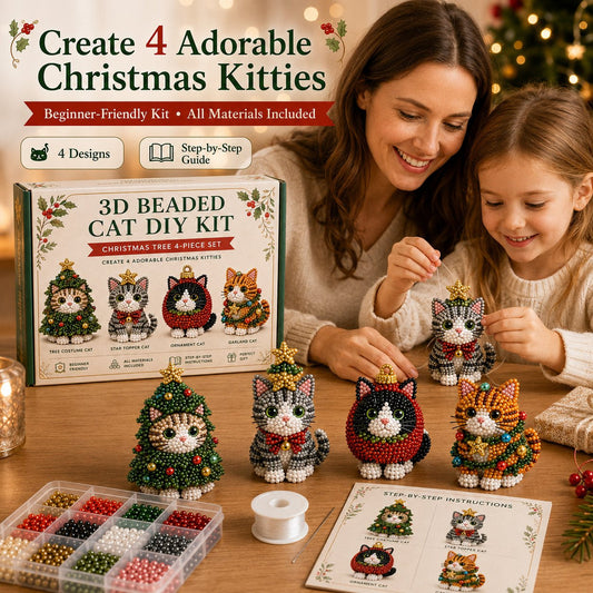 Premium 3D Beaded Christmas Cats DIY Kit | Luxury Flocked Canvas with Scratch-Resistant Non-Fading Pearl Beads DIY Holiday Decor & Step-by-Step Guide