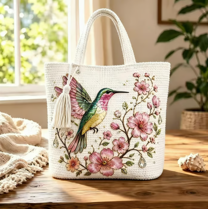 🐝🧶Handmade Crochet Bee/Hummingbird Embroidered Tote Bag🌼