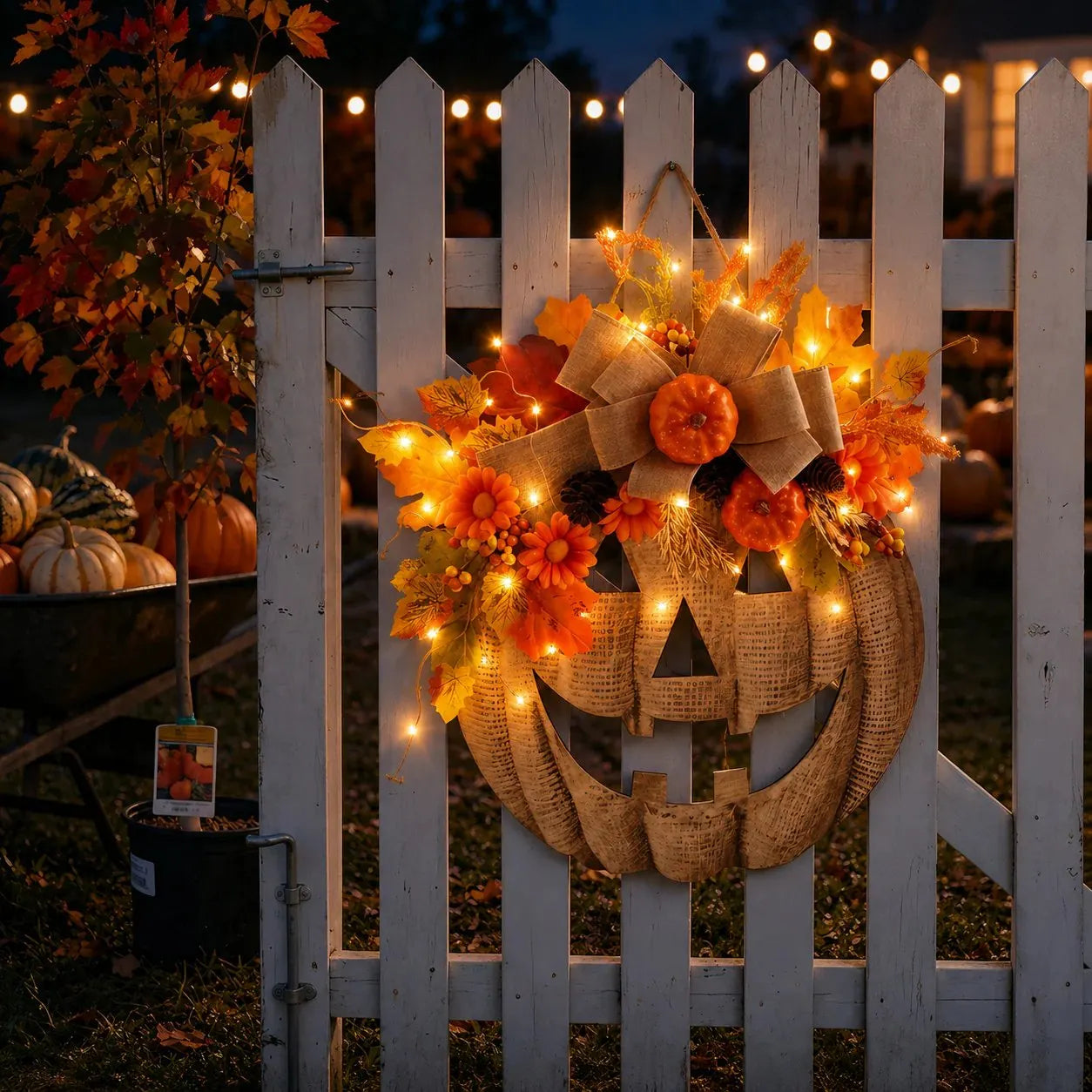 🎃 Lighted Burlap Pumpkin Wreath