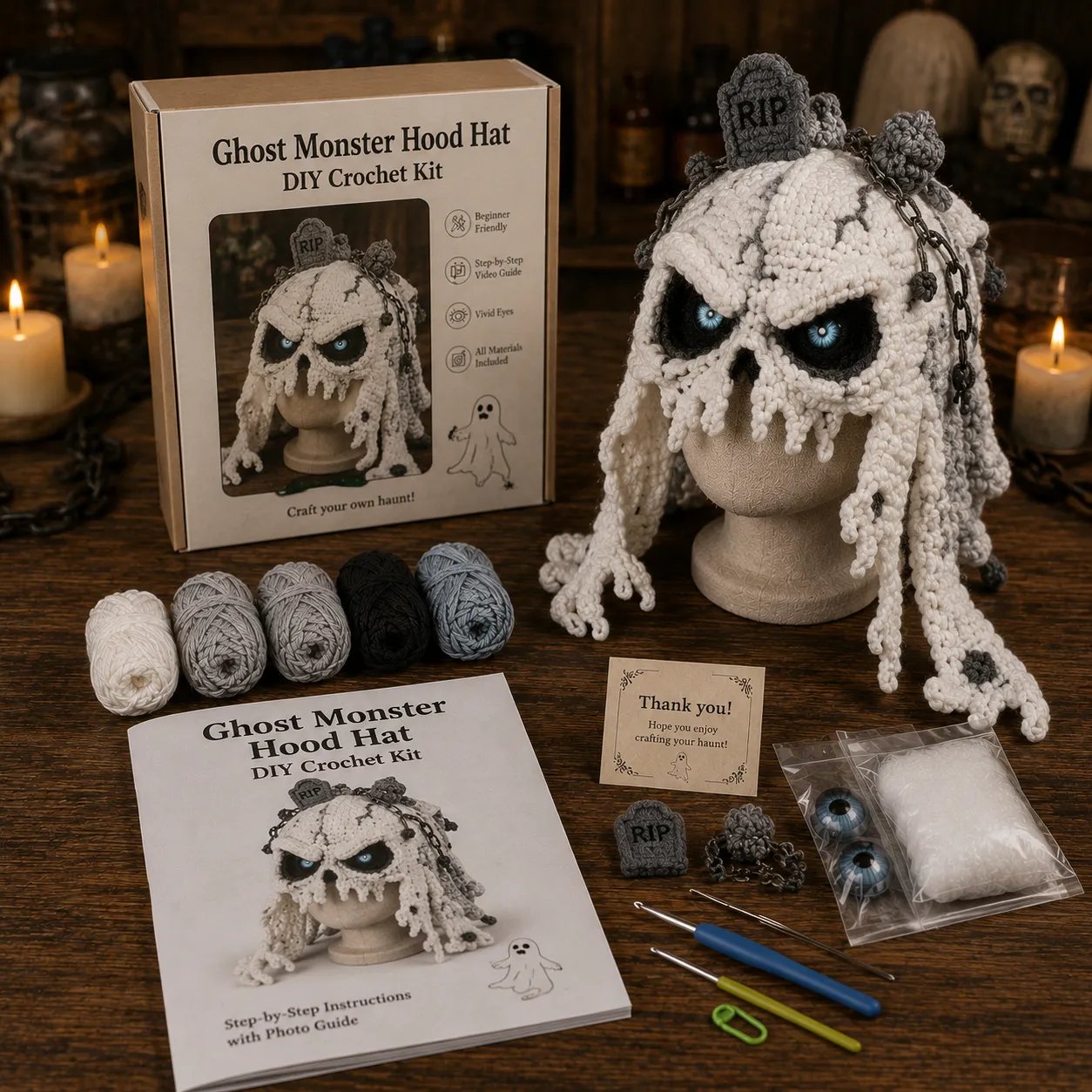 🔥 LAST DAY 49% OFF – 🎃 Halloween Monster Hood DIY Crochet Kit | Premium Soft Yarn Materials with Step-by-Step Guide DIY Handmade Wearable Character Hood 🧶🎭✨