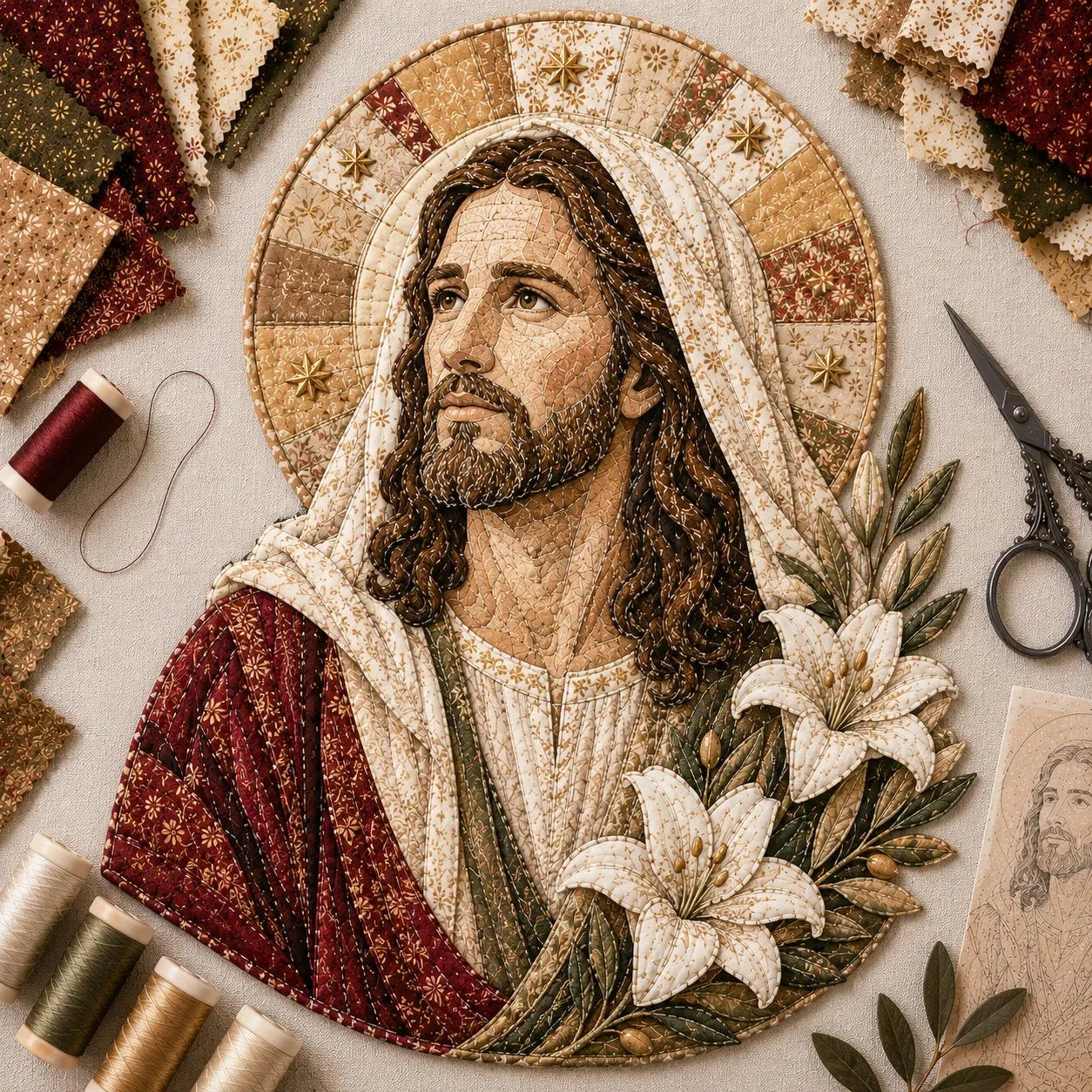 ✝️🧵 Premium Handmade Patchwork Jesus DIY Kit | High-Quality Layered Fabric with Stitched Details DIY Handmade Devotional Decor 🕊️✨