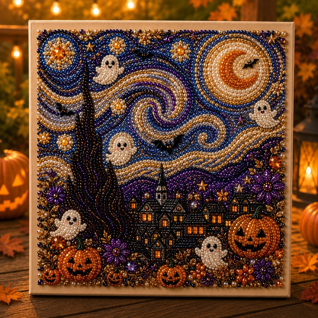 Premium 3D Pearl Halloween Wall Art Kit | Luxury Flocked Canvas with Scratch-Resistant Non-Fading Pearl Beads DIY Spooky Decor – Buy 2 Free Shipping